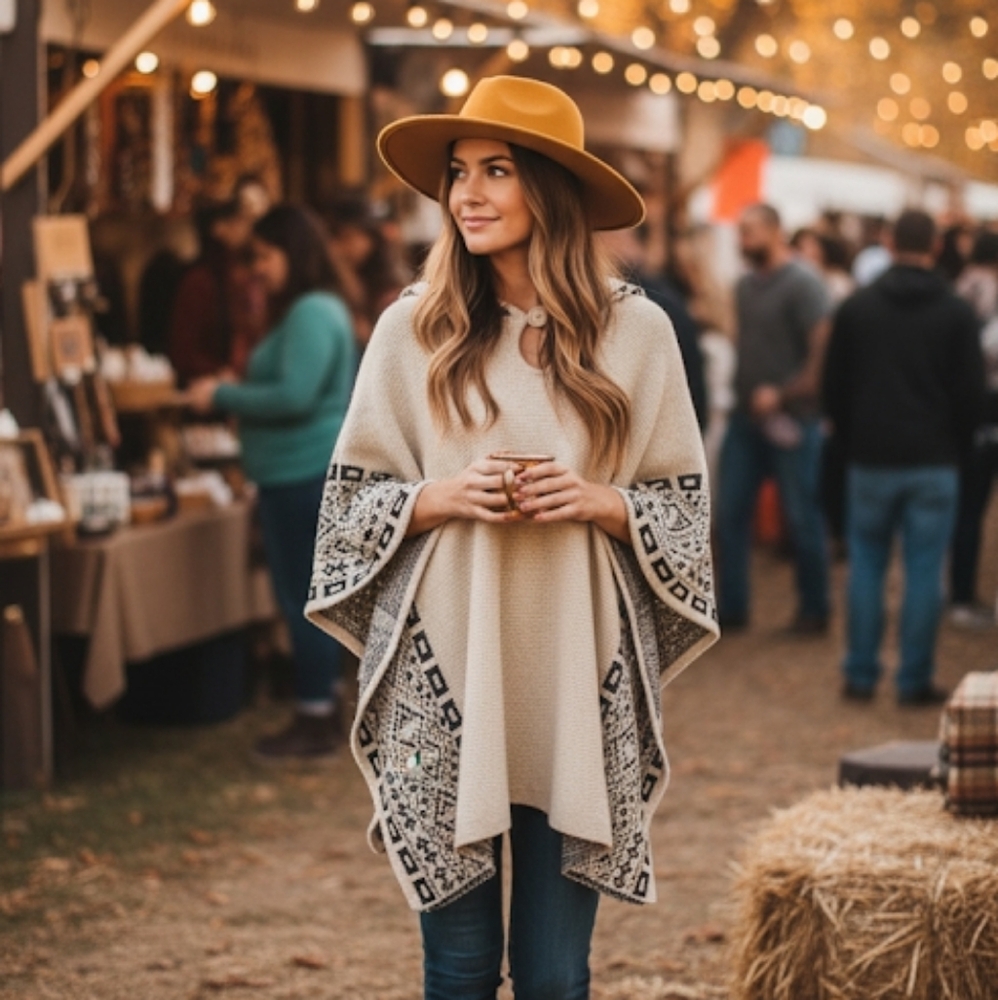 Boho knit hooded poncho O/S